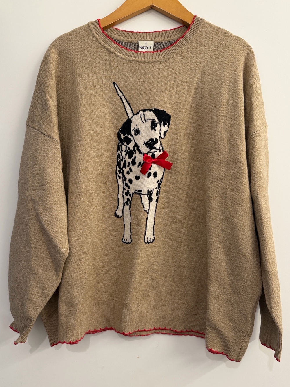 Dalmatian Sweater with Red Bow - Beige Knit
